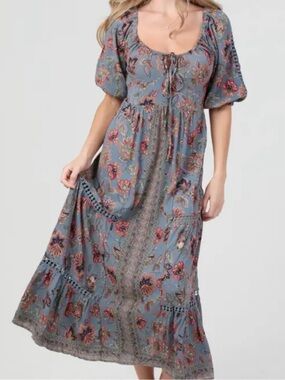 Women's Blue Floral Maxi Dress with Puff Sleeves